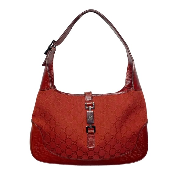 Gucci Handbags - GUCCI Jackie 1961 Red Leather Monogram Canvas Shoulder Bag Handbag Vintage
